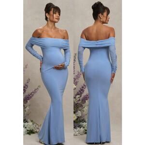 Elegant Off-Shoulder Blue Maternity Dress